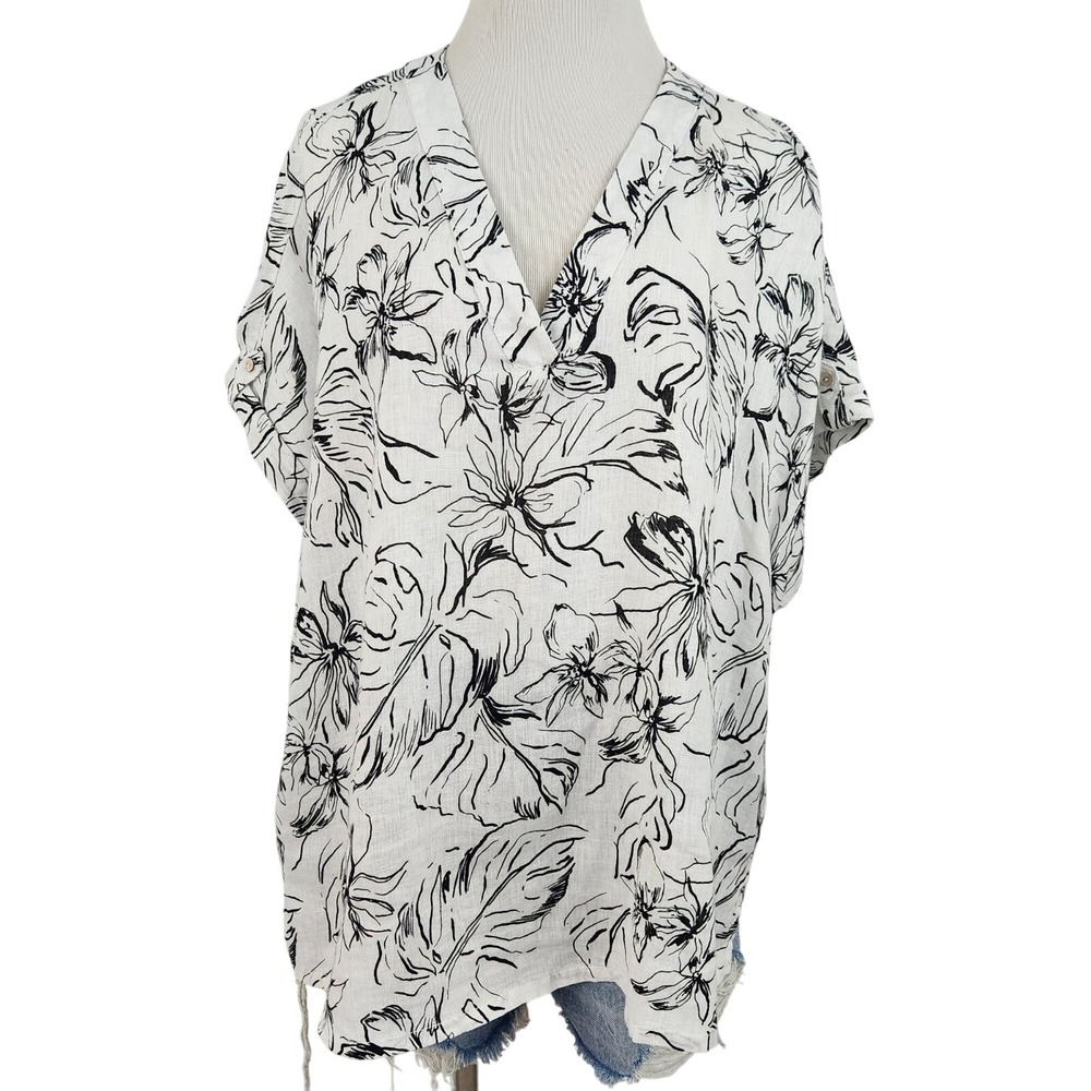 Joie Top Women 1X White Floral Linen V-Neck Short Sleeve Pullover Blouse Relaxed